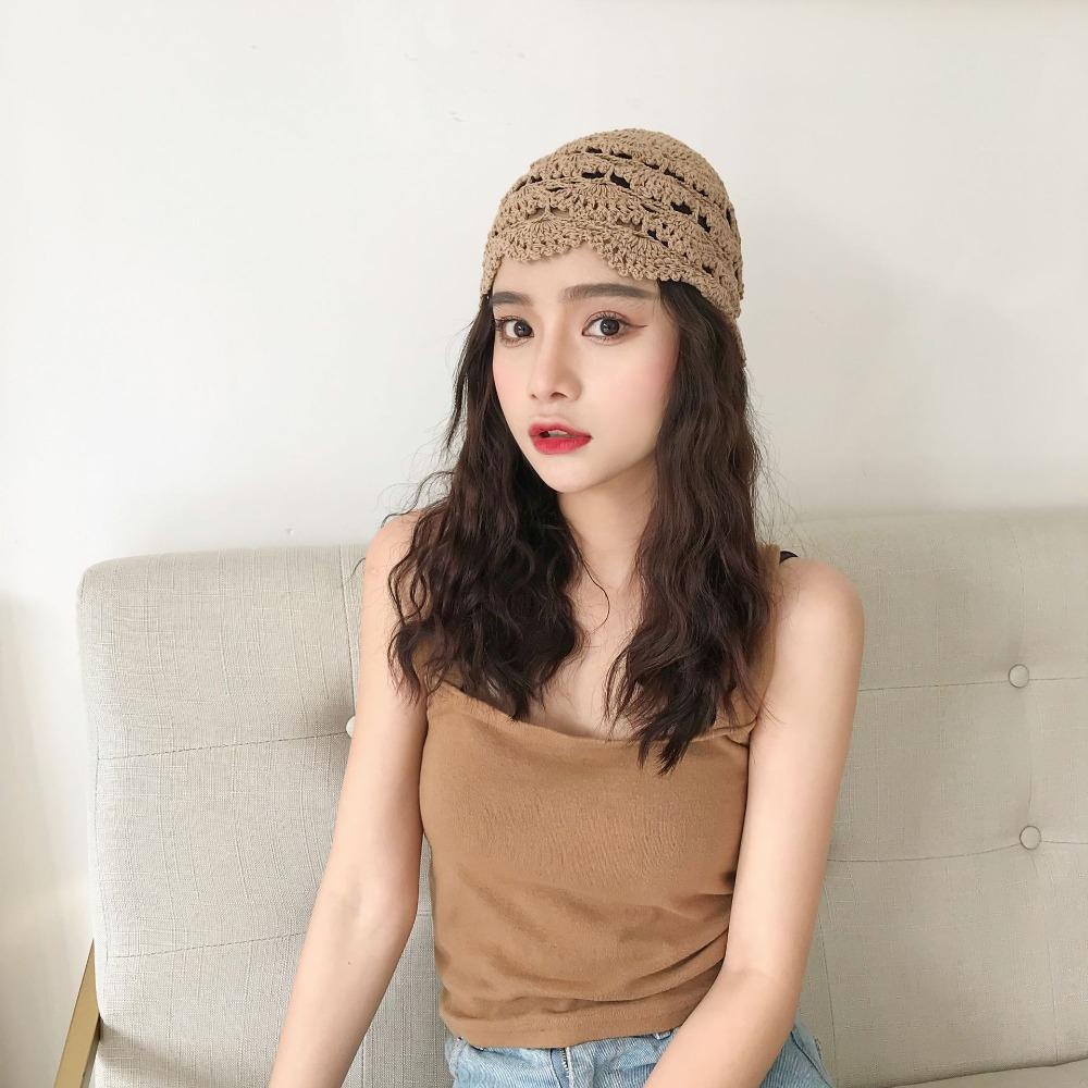 Retro Handmade Flower Crochet Hat Casual Melon Leather Mesh Cap Hand-crocheted Pullover Hat Female