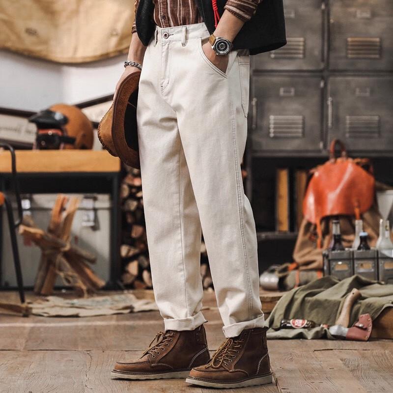 Jeans in Denim da Uomo Jie Leinuo Retro Americano Bianco Lavato Ampi Dritti