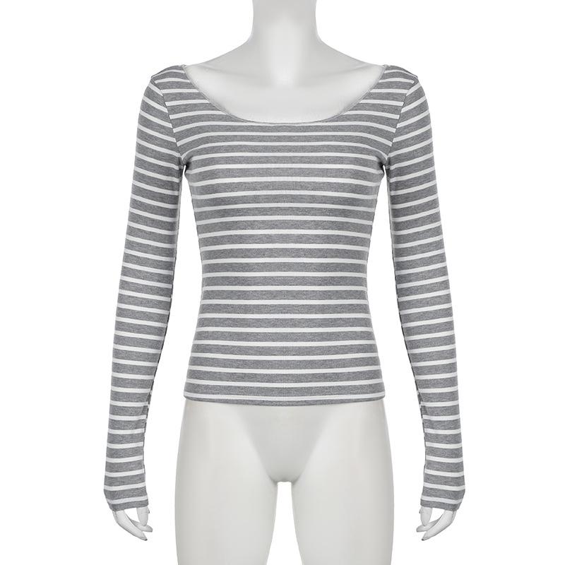 Spring and Autumn Models Women's Street Slim Personality Bottoming Casual One Shoulder Long-sleeved Striped T-shirt
