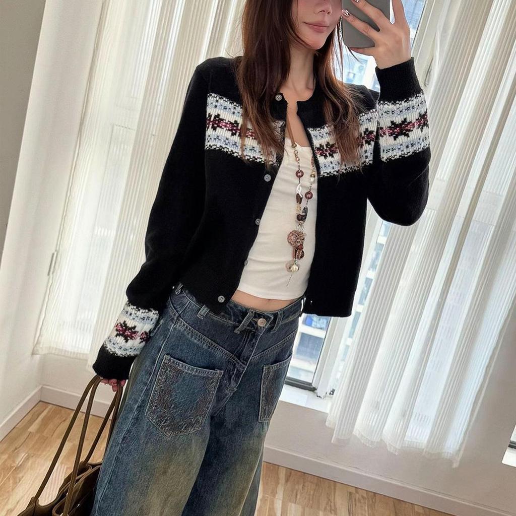 Autumn & Winter European Style Women's Slim Fair Isle Knit Cardigan Sweater Coat Top