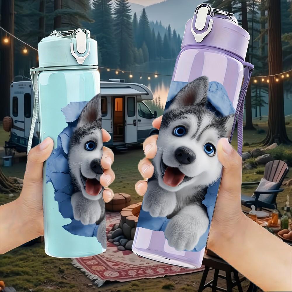 1PC Husky Puppy Dog Breaking Wall Print 750ml Color Plastic Sports Water Bottle Leakproof Flip Straw Lid Suitable for Sports Office Home Use