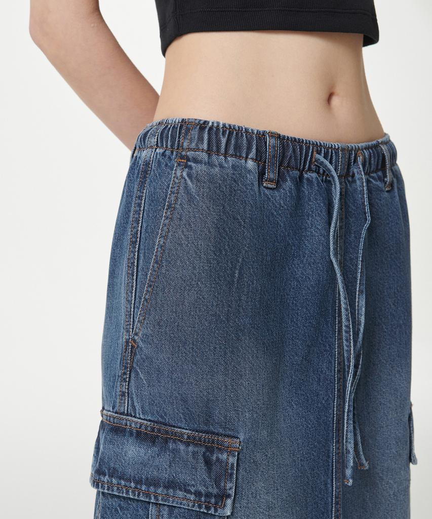 Musinsa Standard Woman Women'S Denim Cargo Elastic Waist Maxi Skirt [Medium Indigo]