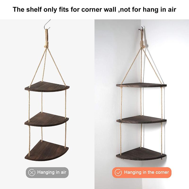 1× Retro Rope Wood Hanging Rack Corner Wall Shelf House Storage Organizer Rack
