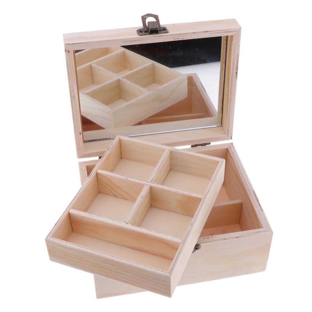 Wooden Jewelry Box Organizer Storage Case with Mirror Double Deck for Craft and Keepsake Gift Ideas