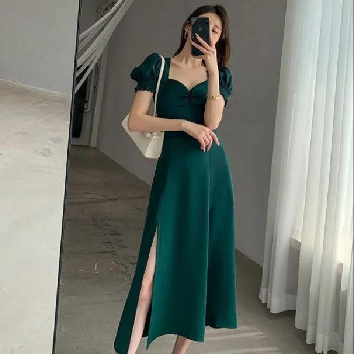 Square Neck Bubble Sleeve Split Black Dress Women's Summer New French Design Niche Long Dress