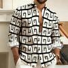 Men's Lapel Long-Sleeved Shirt with Printed Greek Key Pattern, Stylish, Handsome, Vintage, and Comfortable Men's Top.