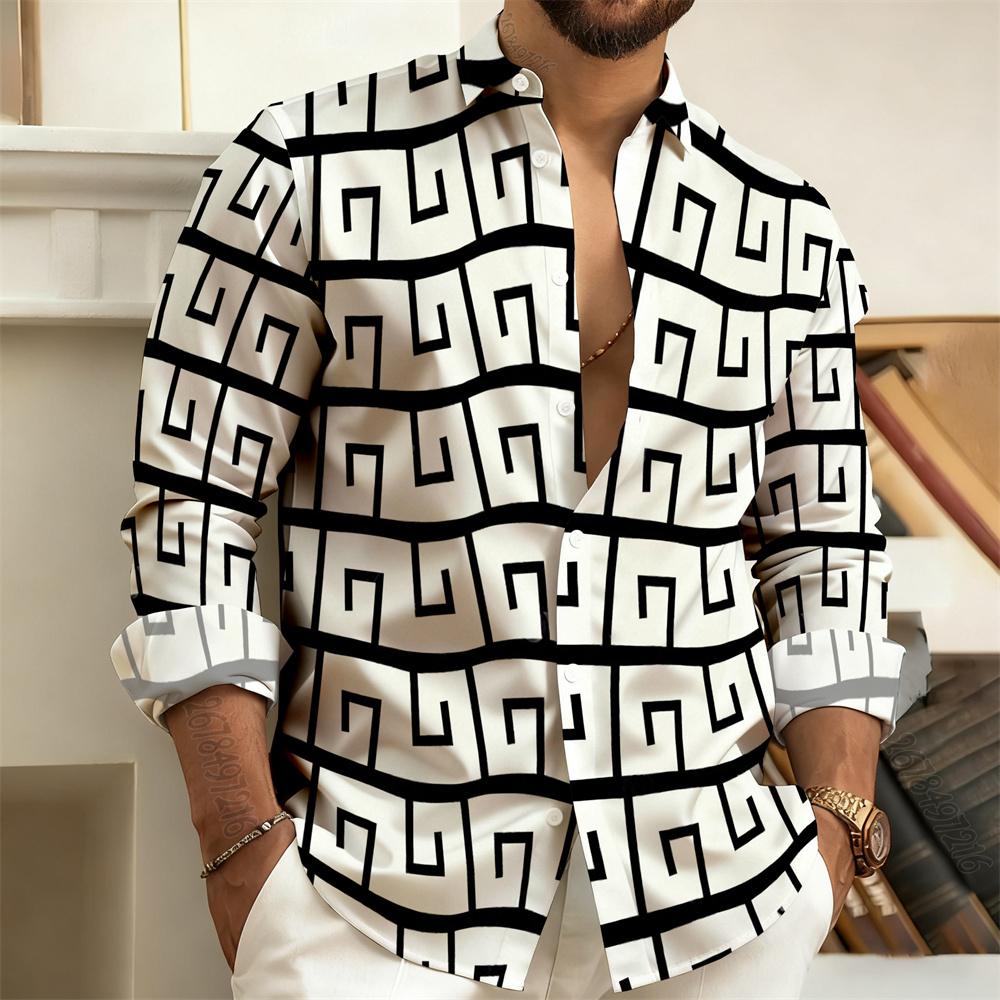 Men's Lapel Long-Sleeved Shirt with Printed Greek Key Pattern, Stylish, Handsome, Vintage, and Comfortable Men's Top.