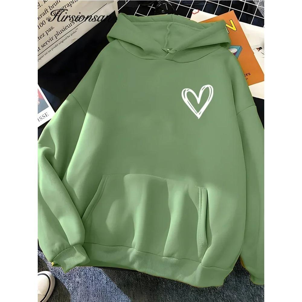Hirssionsan's Popular Minimalist Heart-shaped Printed Women's Youth Sportswear Casual Loose Retro Hoodie Winter Warm Top