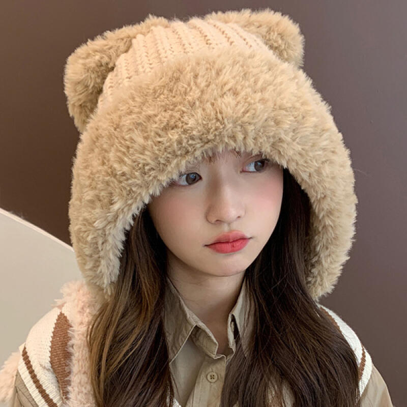 Victory Bear Fur Pom Pom Knit Winter Hat beige