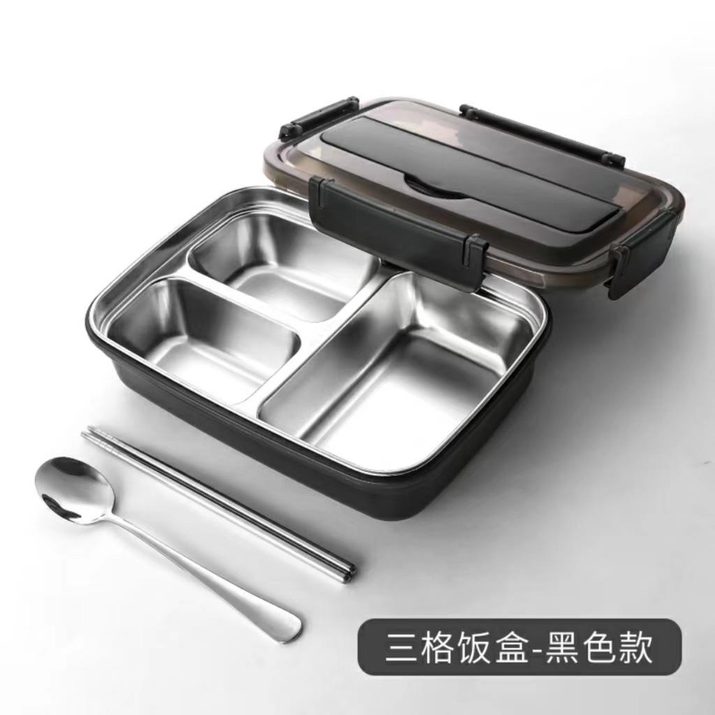 304 Stainless Steel Lunch Box with Three Compartments Leak Proof Portable Bento Box with Secure Locking Lid and Utensil Set for School Work Travel