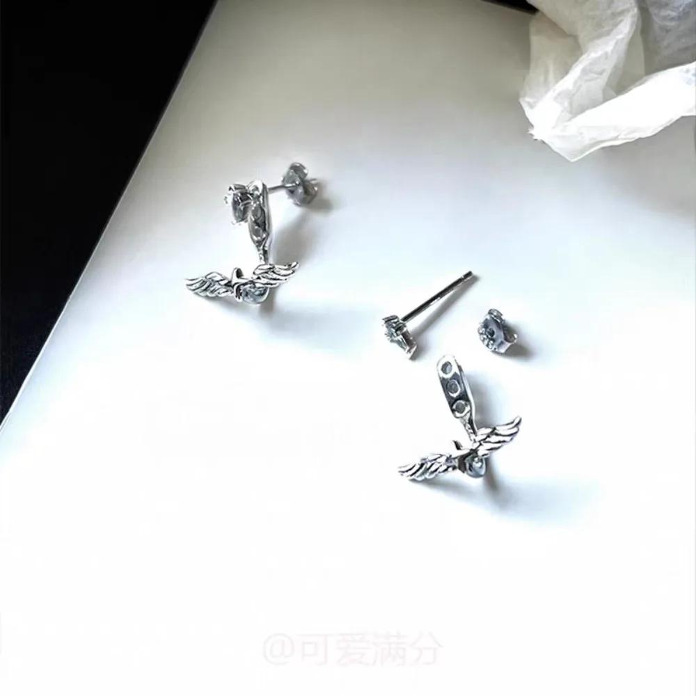 Trendy Sliver Color Angel Wings Four-pointed Star Disassemblable Two Ways To Wear Zircon Stud Earrings for Women Jewelry Gifts