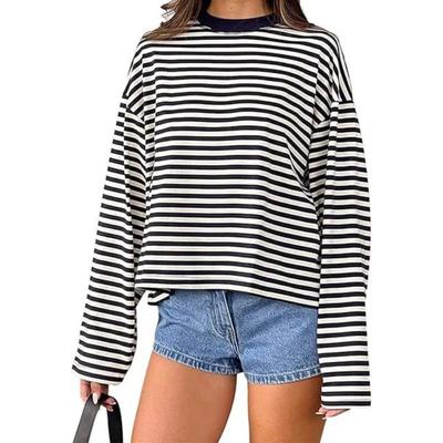 Damen Retro T-Shirt Langarm Rundhalsausschnitt Locker Damen Herbst Lässig Gestreiftes Oberteil Streetwear