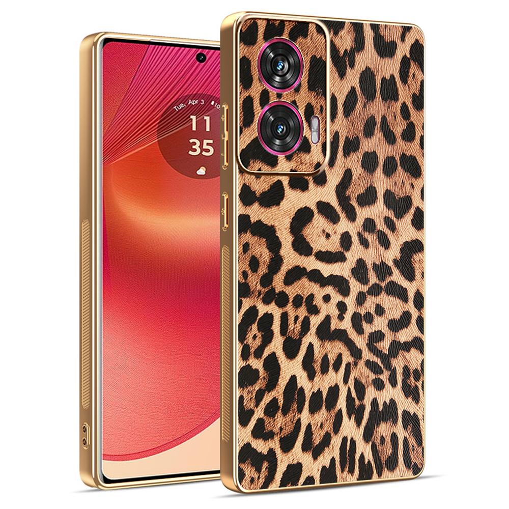 For Motorola Edge 50 Fusion 5G Case Leopard Print PU Leather Coated PC+TPU Electroplating Phone Cover