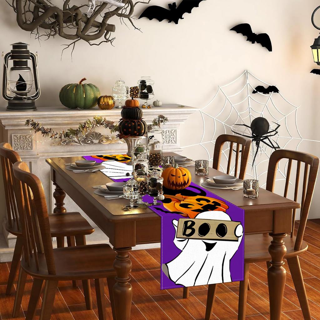 1pc Purple Halloween Table Runner with Pumpkin Ghost Pattern Dustproof Durable Tablecloth for Halloween Themed Party Decoration