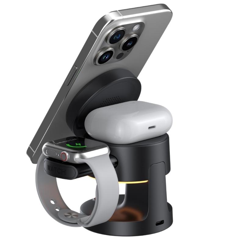 Portable Foldable Bedside Magnetic Wireless Charging Station Including Night Light and Stand for Smartphones Smartwatches Earbud