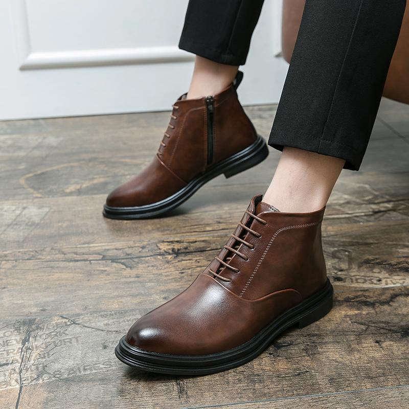 Fashion Side Zipper Male Business Footwear All-match Leisure Walking Shoes Handmade Lace-Up Mens Basic Boots Retro Casual Leather Boots