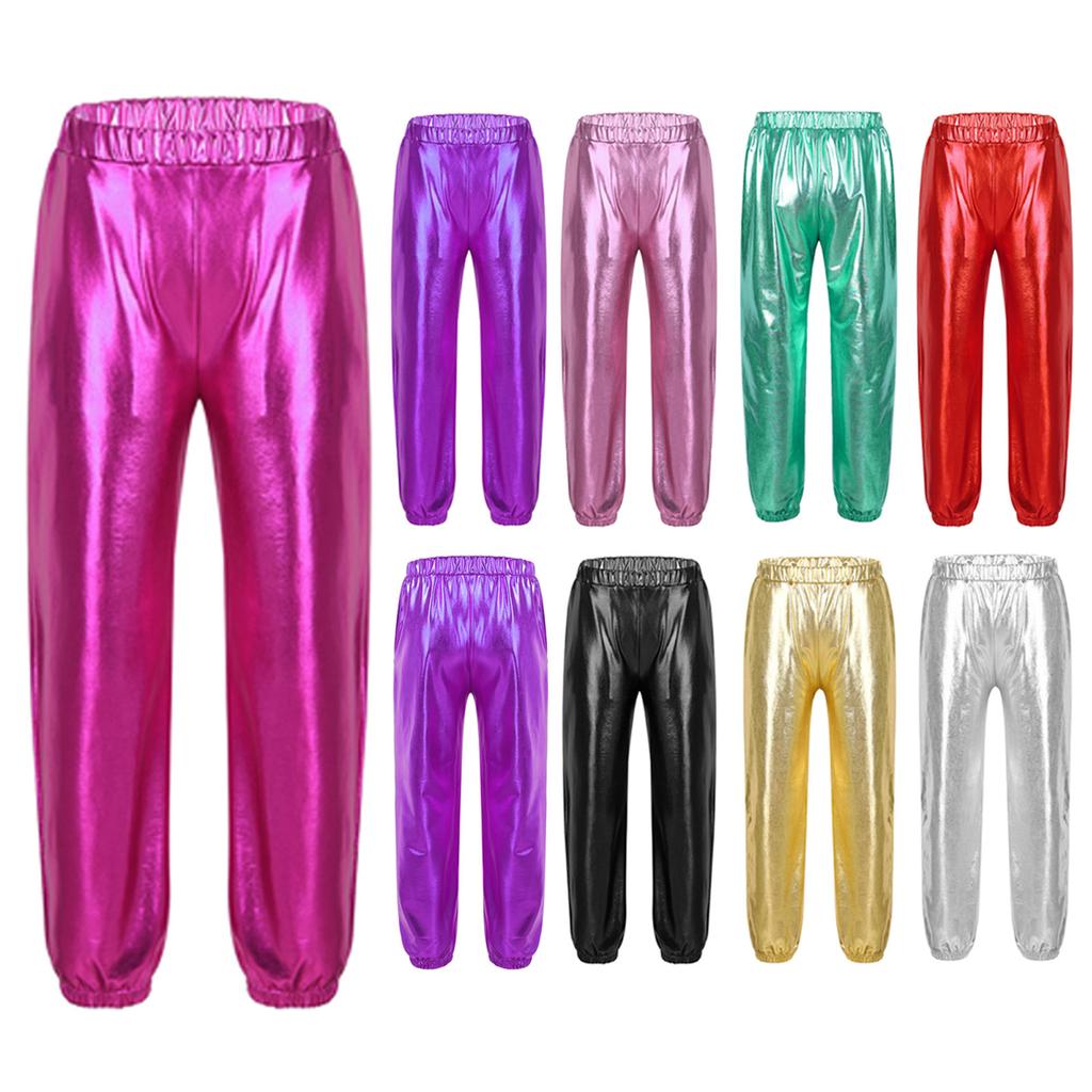 Girls Hip Hop Dance Pants Glossy Metallic High Waist Elastic Pockets Streetwear Sweatpants for Practice Party