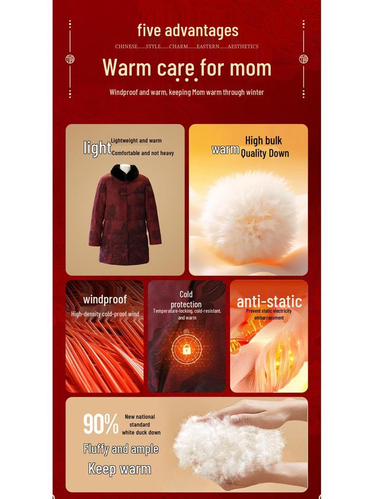 Elderly Women's Thickened Winter Down Jacket with Real Fur Collar