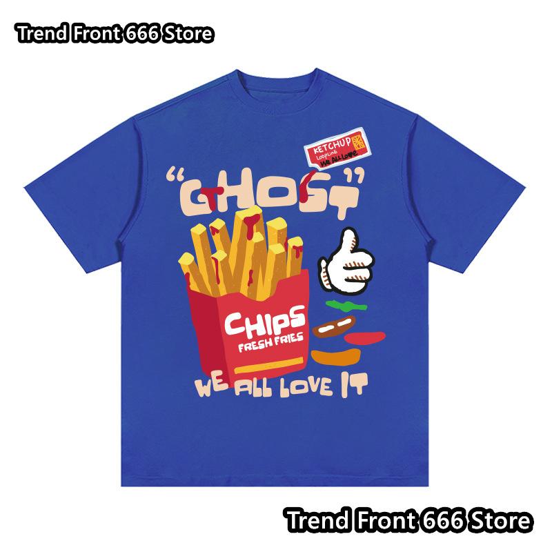 

Summer Mens American fries Print Cotton T shirts Chips Trend Funny Tees Men s Short Sleeve High Street Tops 110cm