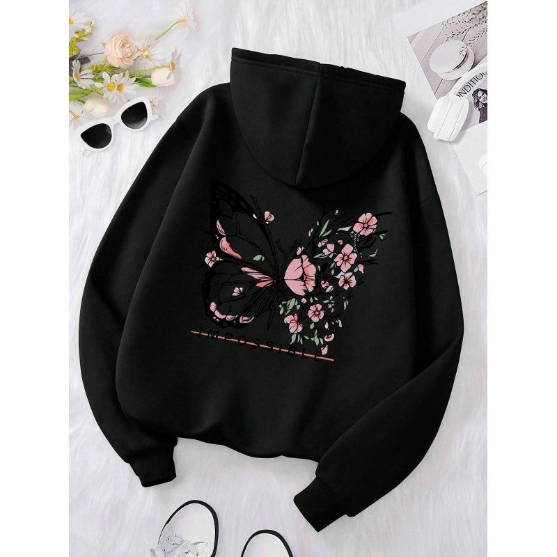 Rose Butterfly Graphic Unisex Hoodie with Drop Shoulder Sleeves