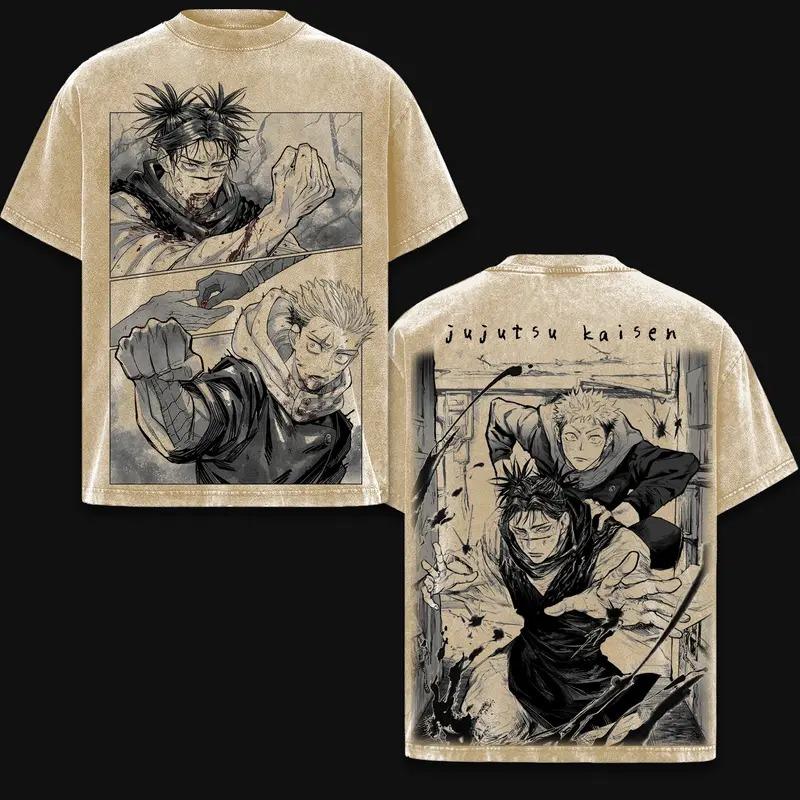 Jujutsu Kaisen Itadori Yuji Printed Tee Men Women Retro Washed T-shirts Cotton T Shirt Short Sleeve Clothing Harajuku Tshirt