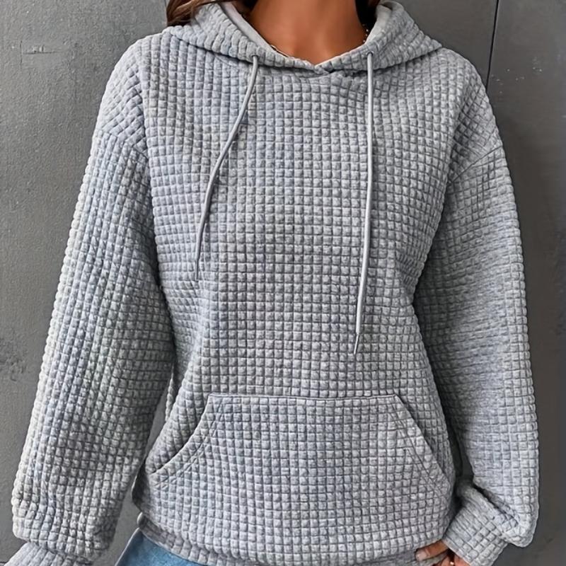 Plus Size Casual Sweatshirt, Women's Plus Solid Waffle Pattern Long Sleeve Drawstring Hooded Sweatshirt With Pockets