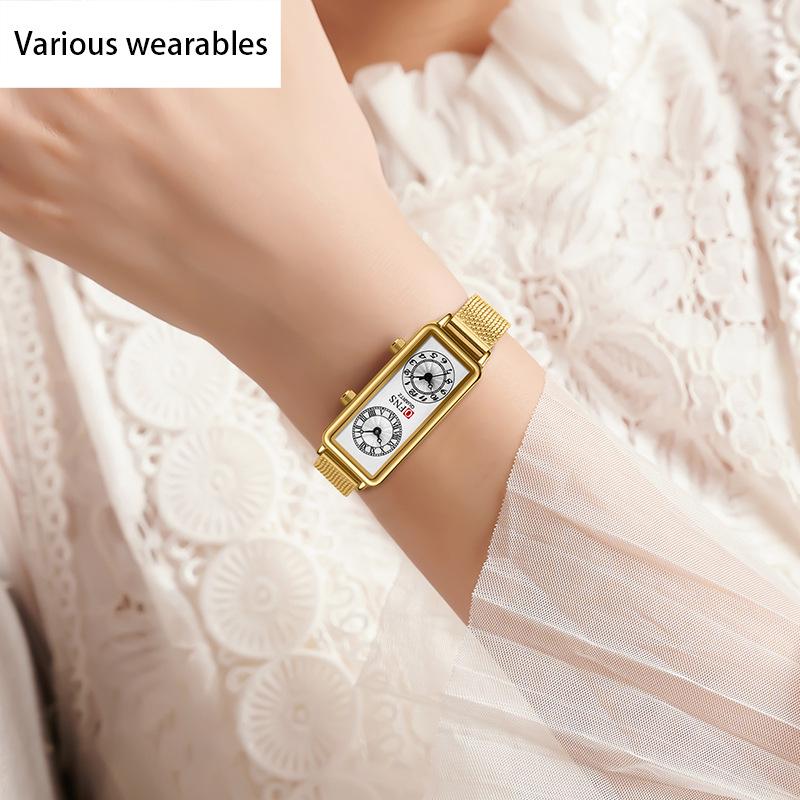 Klasyczny damski zegarek kwarcowy z kwadratowym paskiem z siatki i podwójnym czasem Zegarek kwarcowy z rzymską skalą