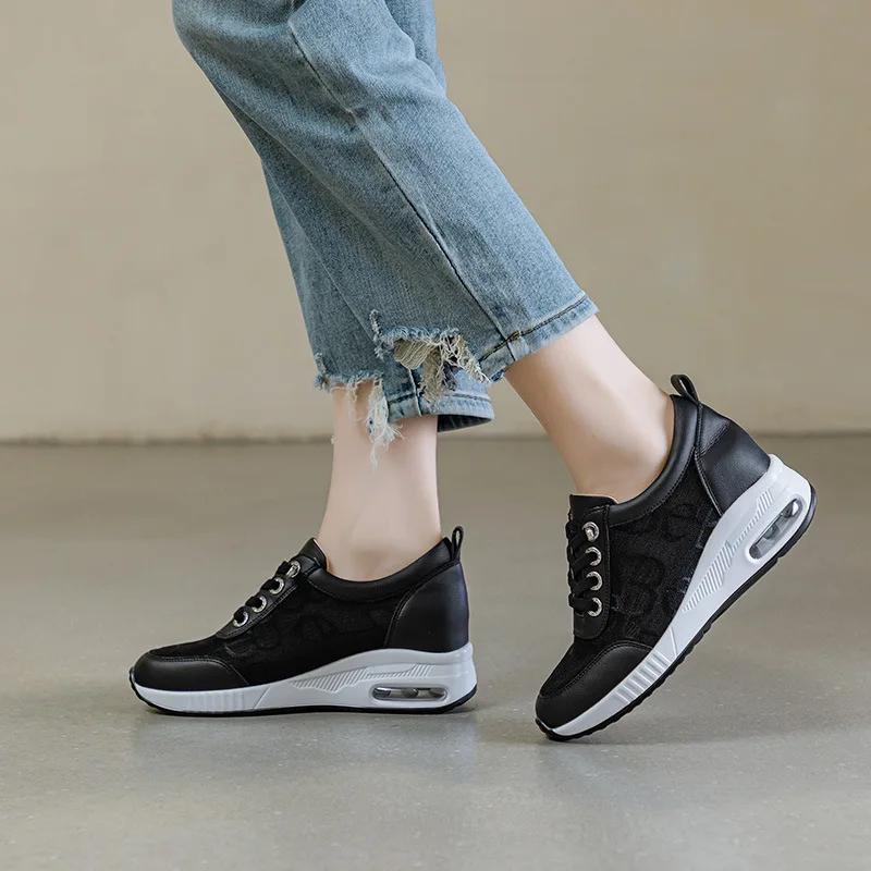 Womens Wedge Heel Block Heel Sandals Mesh Surface Women Shoes Breathable Casual Shoes Lace Up Tenis Thick Sole Sneakers 6CM heel