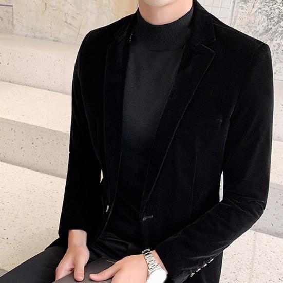 Spring Men Blazer Solid Color Turndown Collar Long Sleeve Slim Fit Single Button Velvet Suit Coat Streetwear