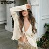 WTEMPO Green Beige Lace-Up Women's Shirts Summer New Bodycon Long Sleeve Blouses Ladies Fashion Pleated Tops Female Clothing 2023