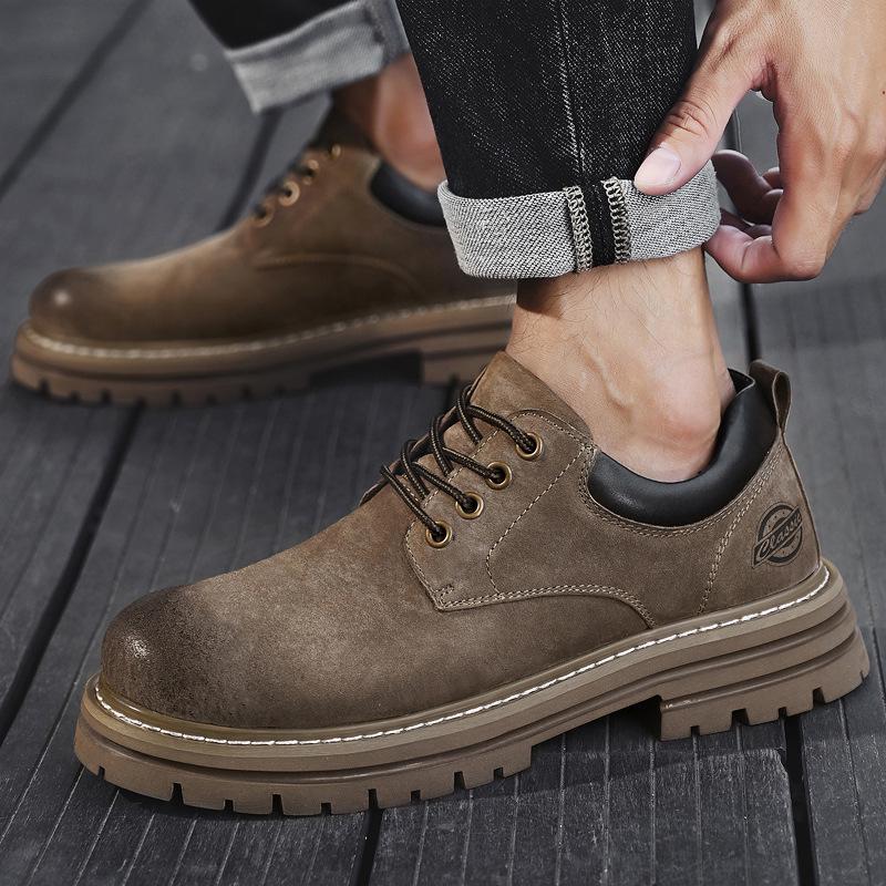 Men's Retro Pigskin Large Size Low-Top Martin Boots - Korean Style Casual Thick Sole Outdoor Workwear Shoes