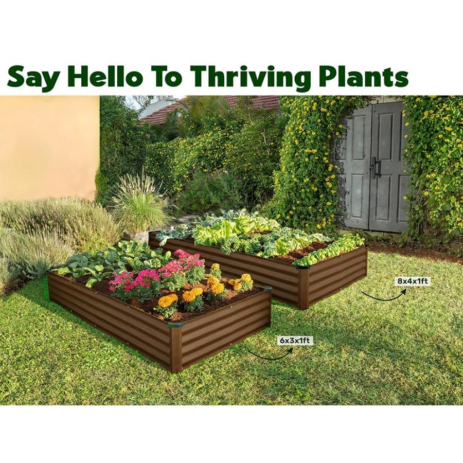 Galvanized Raised Garden Beds Outdoor 8×4×1 ft Planter for Gardening Vegetables Flowers Dark Wood Grain Large Metal Garden Box