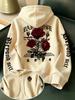 Men's Gothic Rose Hoodie Dark Red Rose Letter Graphic Back Sleeve Print Vintage Oversized Pullover Sweatshirt Streetwear Autumn