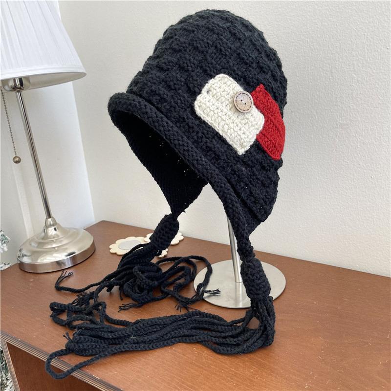 1PC Handmade Red Tassel Soft Knit Fashionable Wool Trendy Hat Handmade Braid Warm
