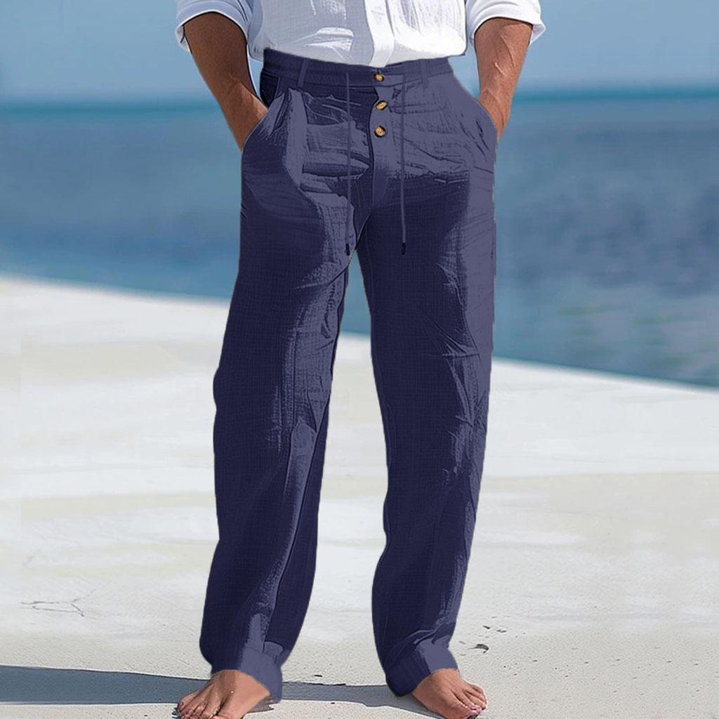 Summer Men's White Linen Pants - Stylish Breathable Beachwear Ideal for Vacation and Casual Wear Straight Leg Fit
