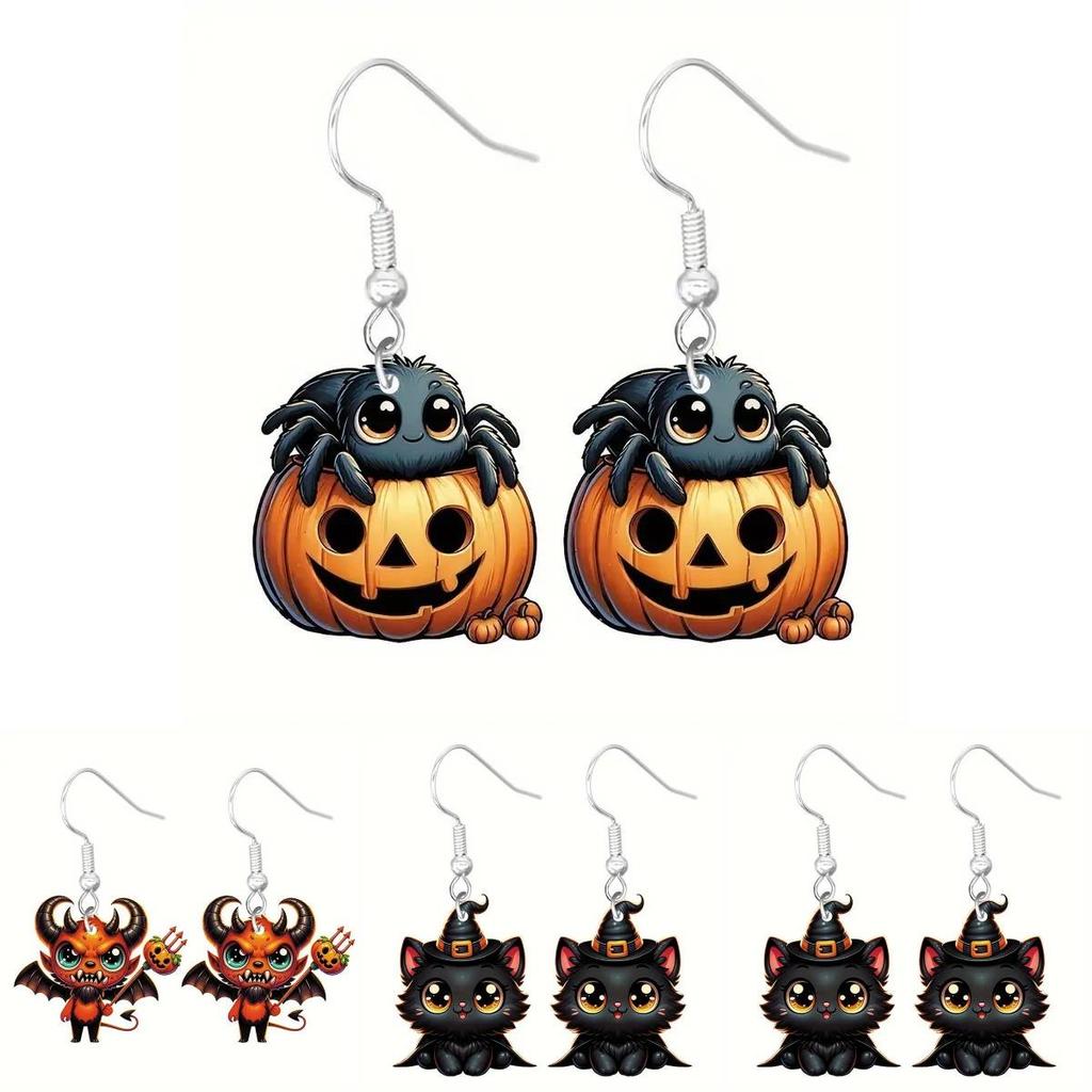 Halloween Themed Earrings Featuring Each Cat Demon Pumpkin And Skull Pattern For Festive Look