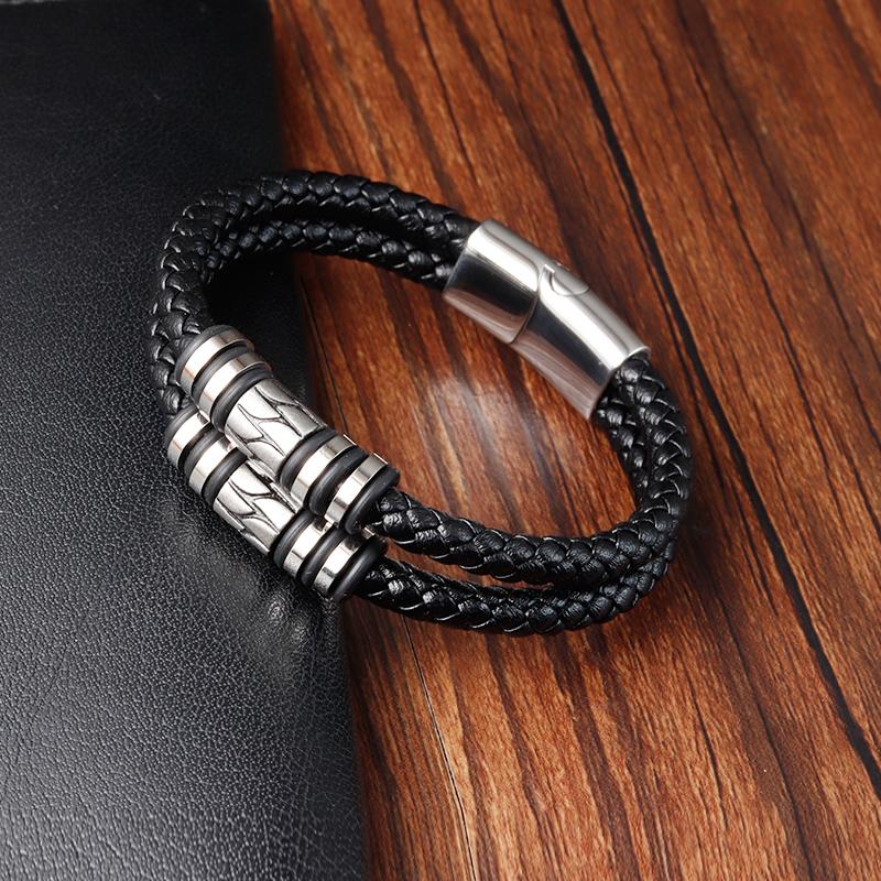 Modische 2-lagige Lederarmbänder mit Edelstahl-Magnet Trendiges mehrlagiges Armband Herren Schmuck Männliches Armband Großhandel Großmenge