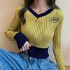 Women's V-neck Sweater Spring Autumn Long-sleeved Knitted Cropped Top Sweater Color-block Pullover Jumper