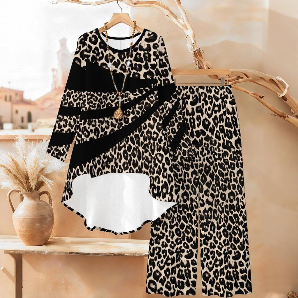 Floral Print Print Two Piece Outfit Women Long Sleeve Irregular Hem Tunic Top Wide Leg Pants Casual Matching Set