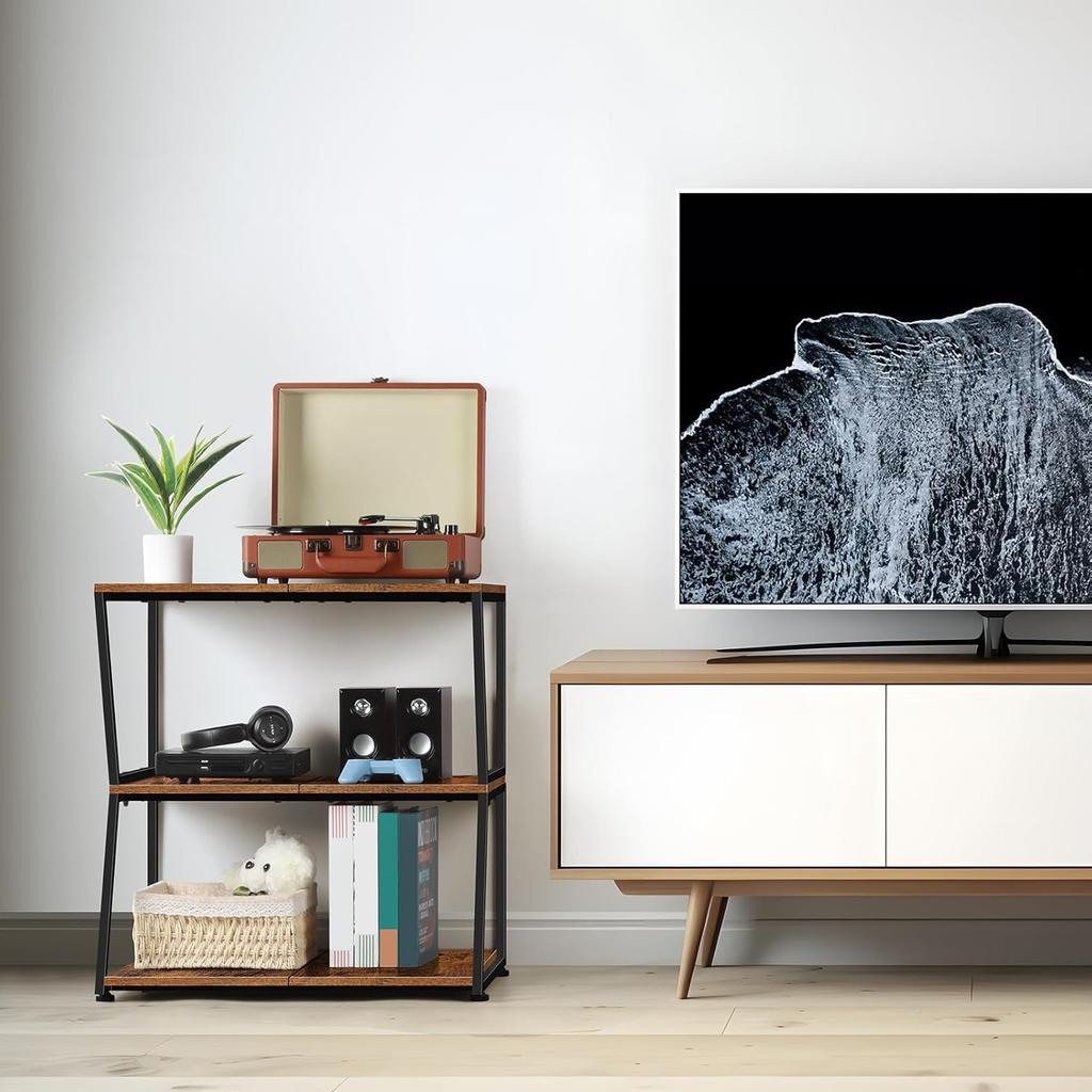 3-Tier Rustic Media Stand | Corner AV Cabinet W/ Storage Shelves | for Stereo/Game Consoles/DVD/Record Player | Brown