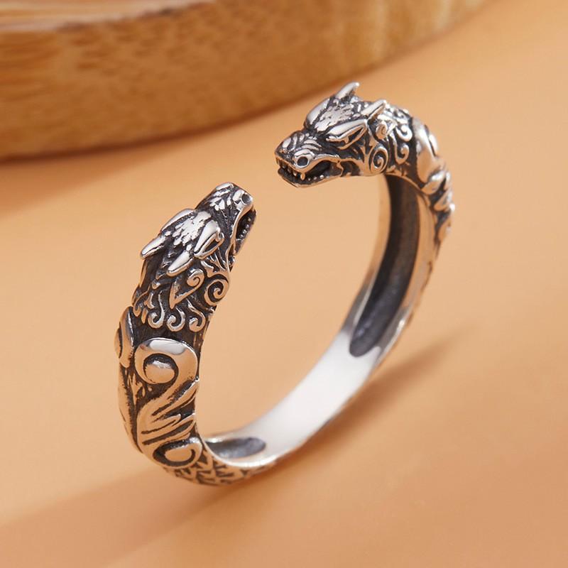 Adjustable Open Ring With Dual Dragon Motif Vintage Style Plated Men Women Fashion Jewelry Of