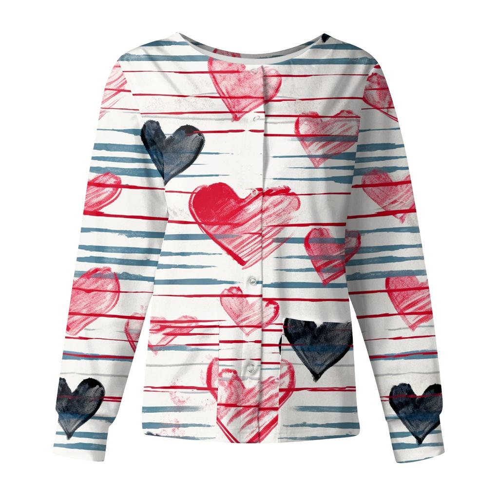 Women Long Sleeve Pattern Tops Pocket Working Stand-up Collar Single-breasted Protective Overalls Jacket Top Christmas