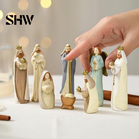 Indoor Holiday Home Decorations 8 Pcs Resin Nativity Figurines Set, Christian Scene Figures, Jesus Birth Religious Christmas Tabletop Miniature
