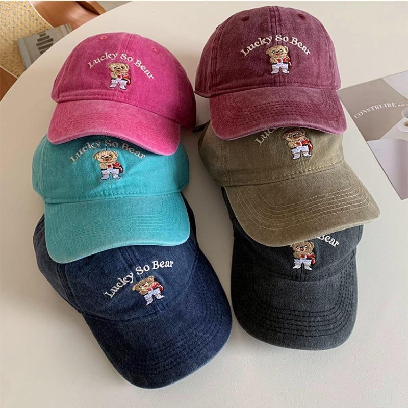 Washed cartoon bear hat female letter embroidery cap versatile couple baseball cap sun hat