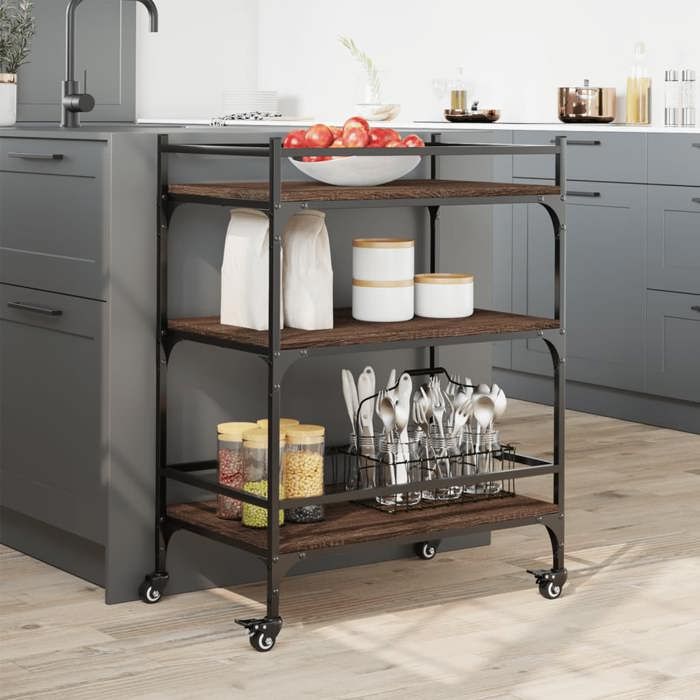 VidaXL Chariot de Cuisine, Étagère avec Roues, Chariot de Service, Meuble de Rangement Salon Salle de Bain Intérieur, Chêne 842400