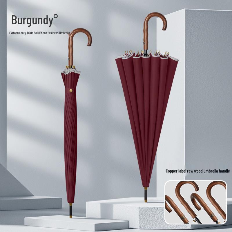 Men's Extra Large 24-Rib Solid Color Business Umbrella with Wooden Handle and Logo Print