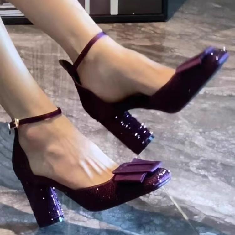 Bow Baotou Sandals Women's Spring and Summer Square Head Hollow Word with Square Buckle Thick Heel Shallow Mouth