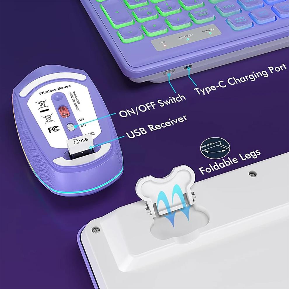 2,4 G kabellose Tastatur-Maus-Kombination, RGB-Hintergrundbeleuchtung, wiederaufladbar, ergonomische kabellose Typ-C-Tastatur in voller Größe