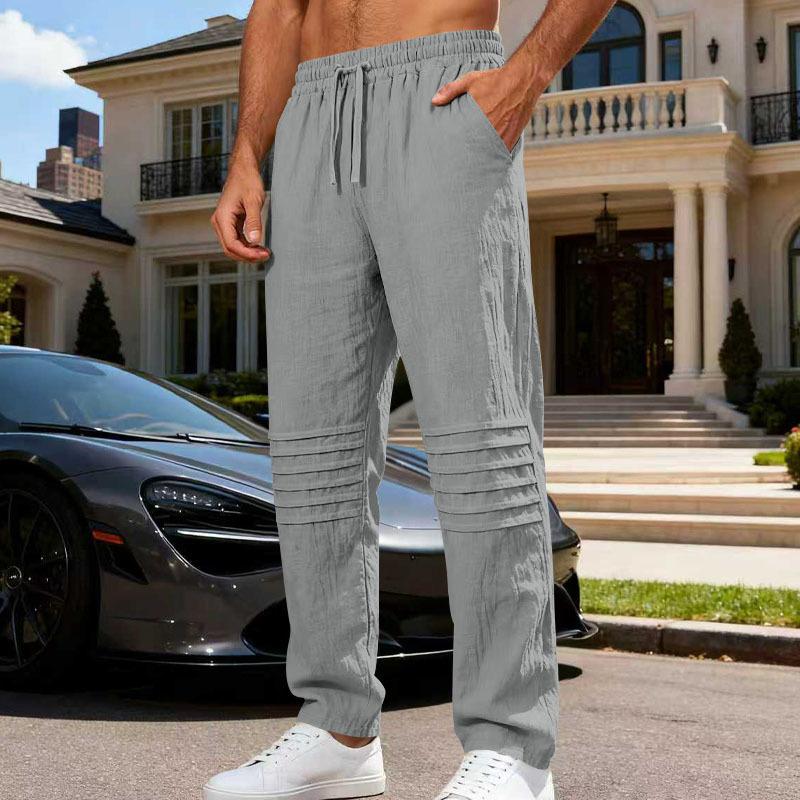 Autumn New Loose Linen Casual Trendy Pleated Simple Home Men's Breathable Straight Trousers