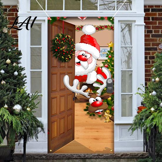 Waterproof Door Cover Christmas Colorful Print Decoration Backdrop Santa Claus Design Front